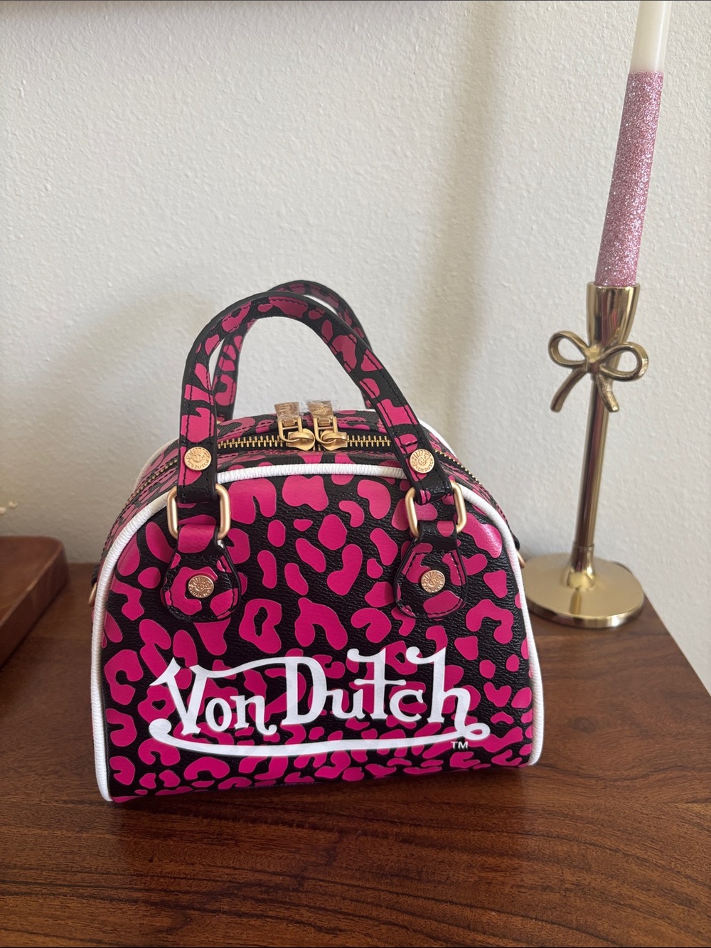 Von Dutch Pink and Black Leopard Mini Dome Bag RARE